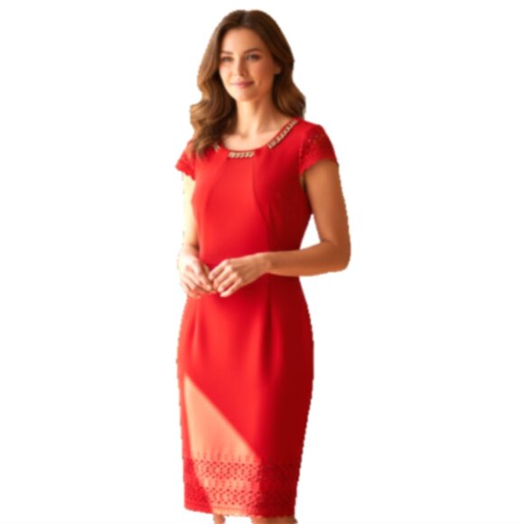 Women's Red Dress NEW Gold Chain Sz 10 CutOut Hem/Sleeve JM Studio By John Meyer - Picture 15 of 15